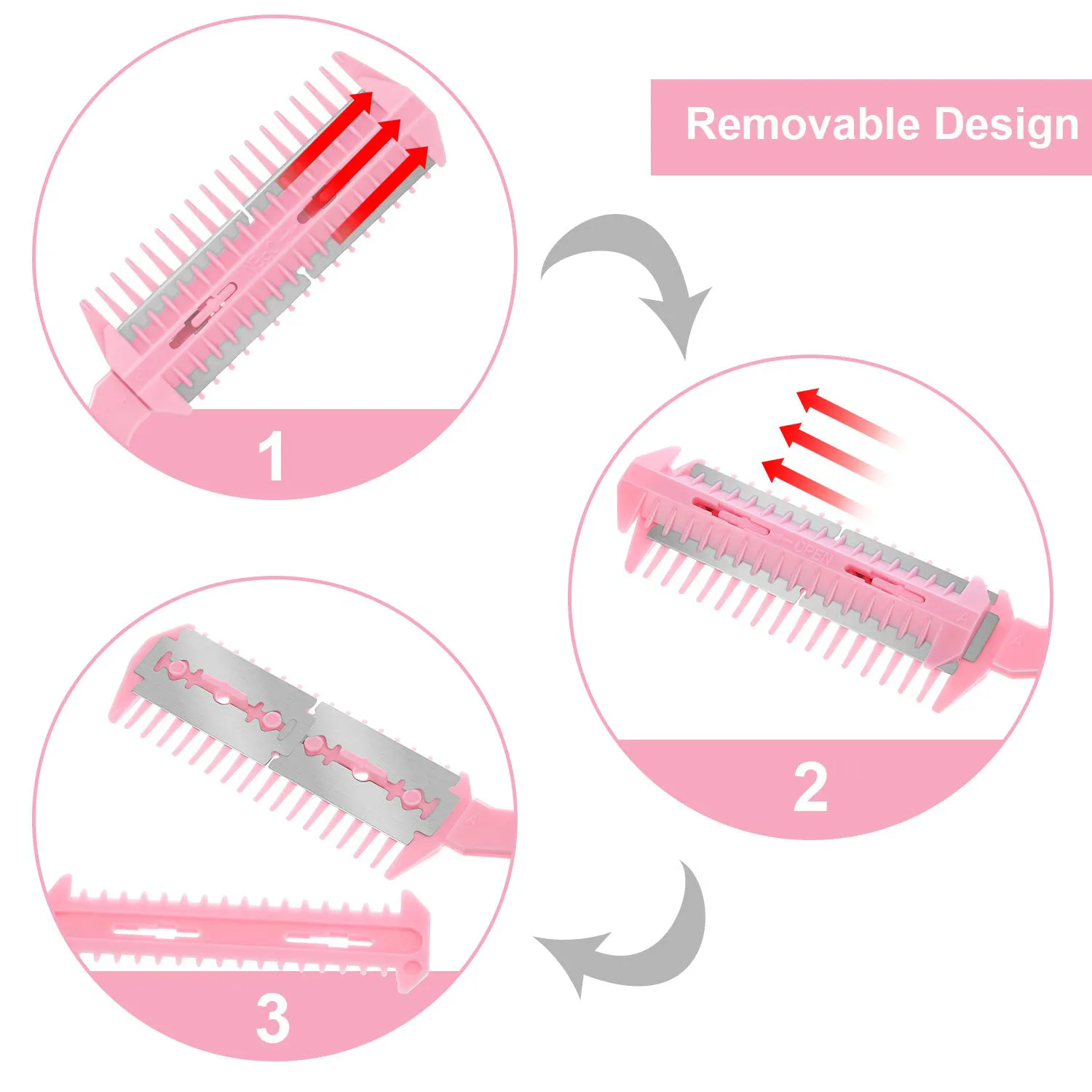 3 Pieces Razor Comb with 10 Pieces Razors, Hair Cutter Comb Cutting Scissors, Double Edge Razor, Hair Thinning Comb Slim Haircuts Cutting Tool (White, Pink, Blue, Double Sided)