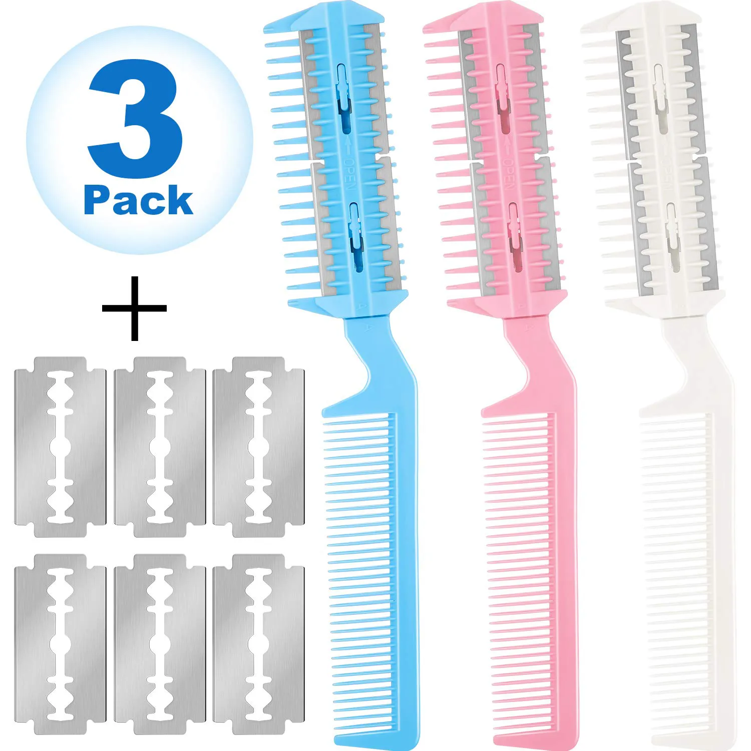 3 Pieces Razor Comb with 10 Pieces Razors, Hair Cutter Comb Cutting Scissors, Double Edge Razor, Hair Thinning Comb Slim Haircuts Cutting Tool (White, Pink, Blue, Double Sided)