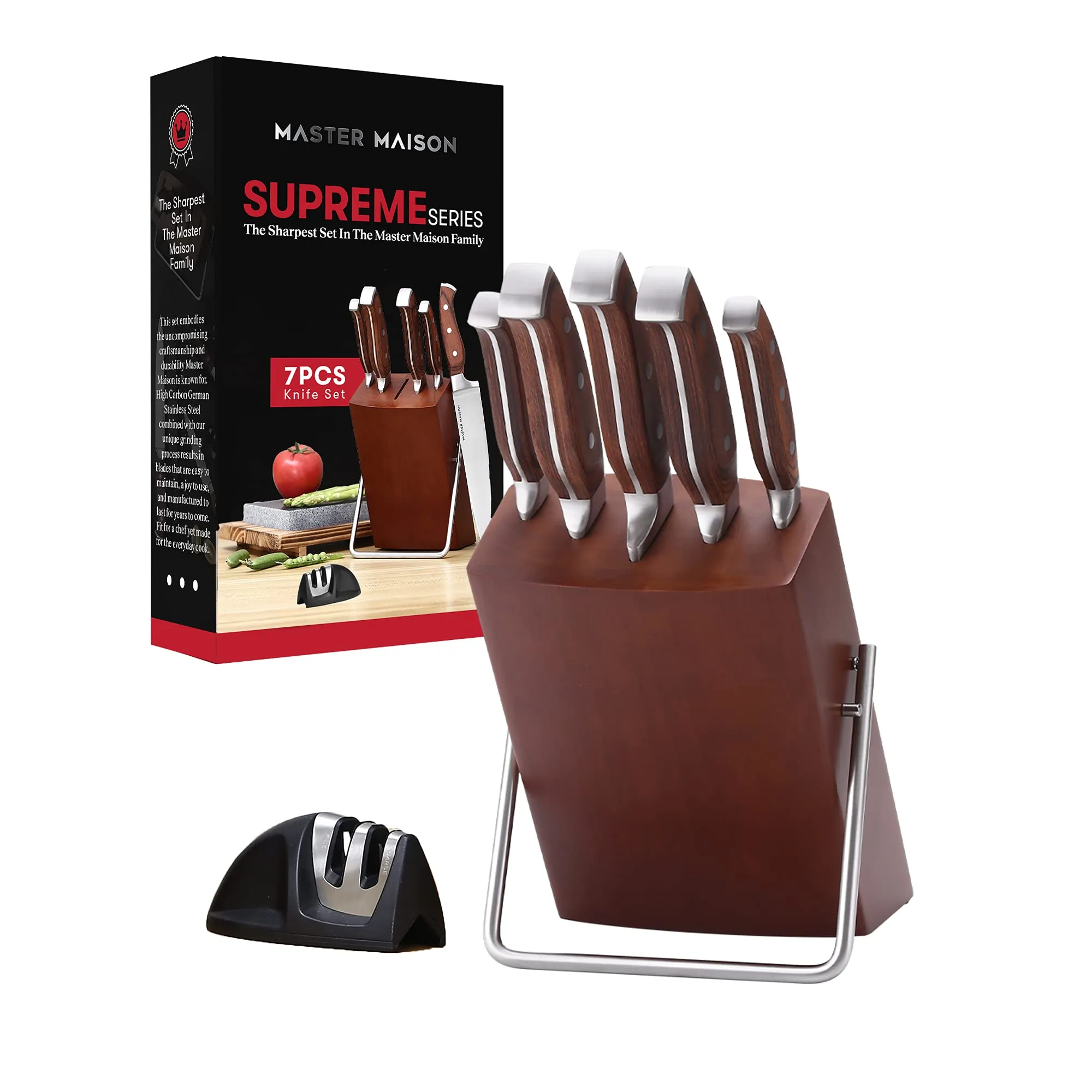 7-Piece Walnut Kitchen Knife Set With Knife Block & Dual Knife