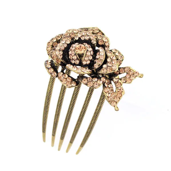 Antique Brass Rhinestone 3D Rose French Twist Comb