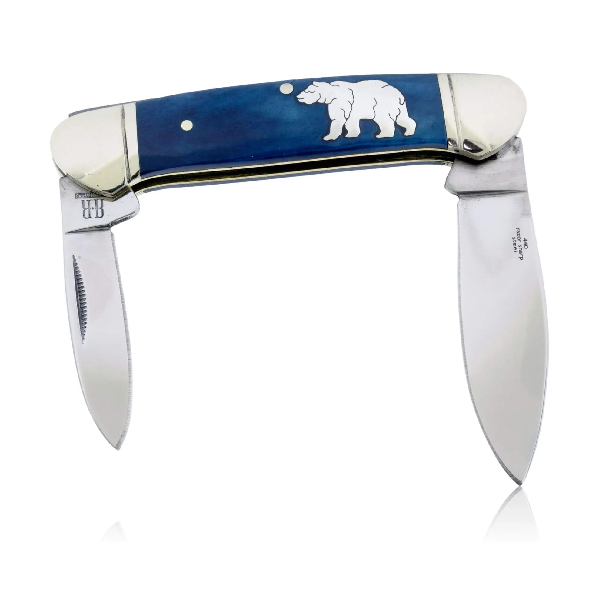 Blue Rough Rider 2 Blade Knife with Silver Bear Inlay