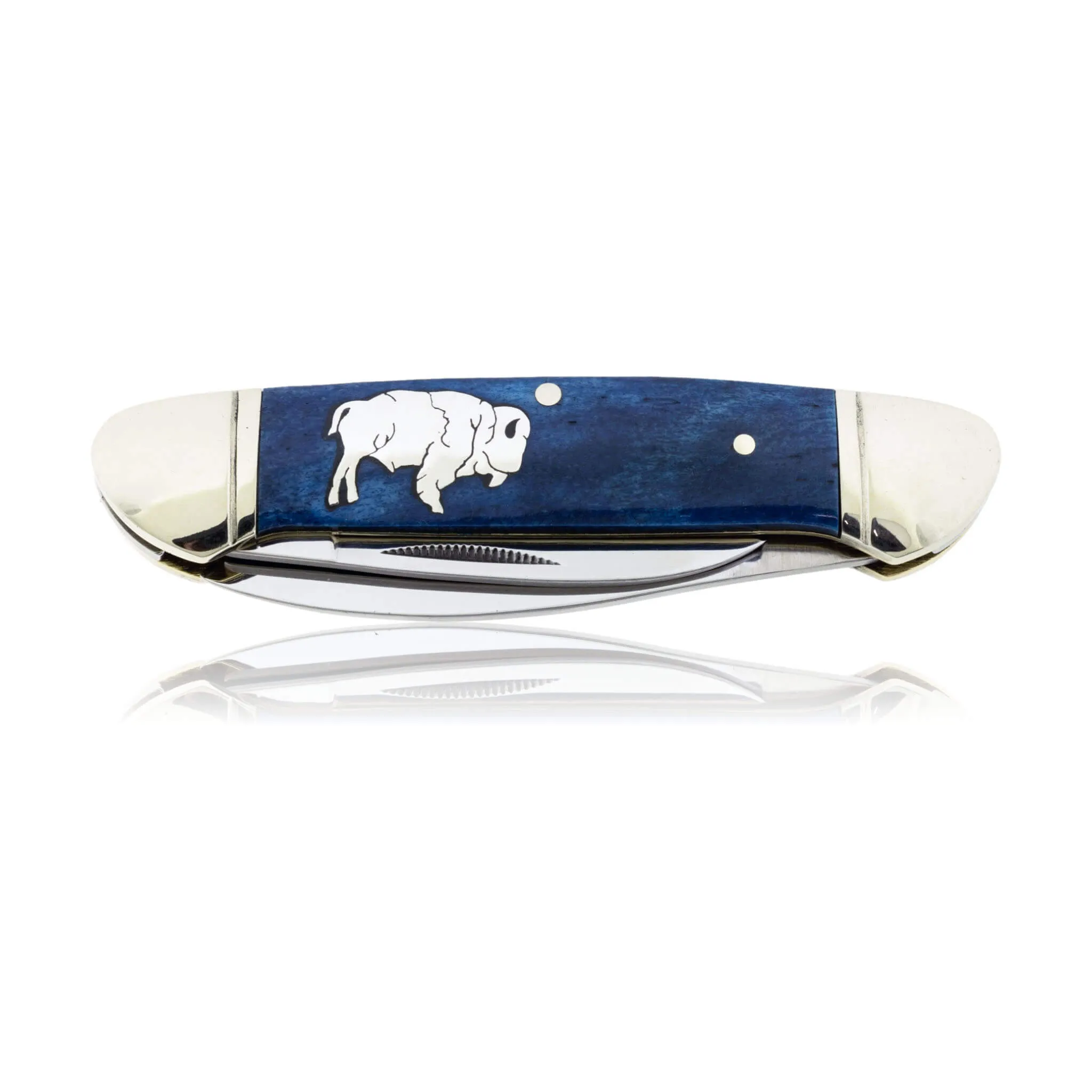 Blue Rough Rider 2 Blade Knife with Silver Bear Inlay