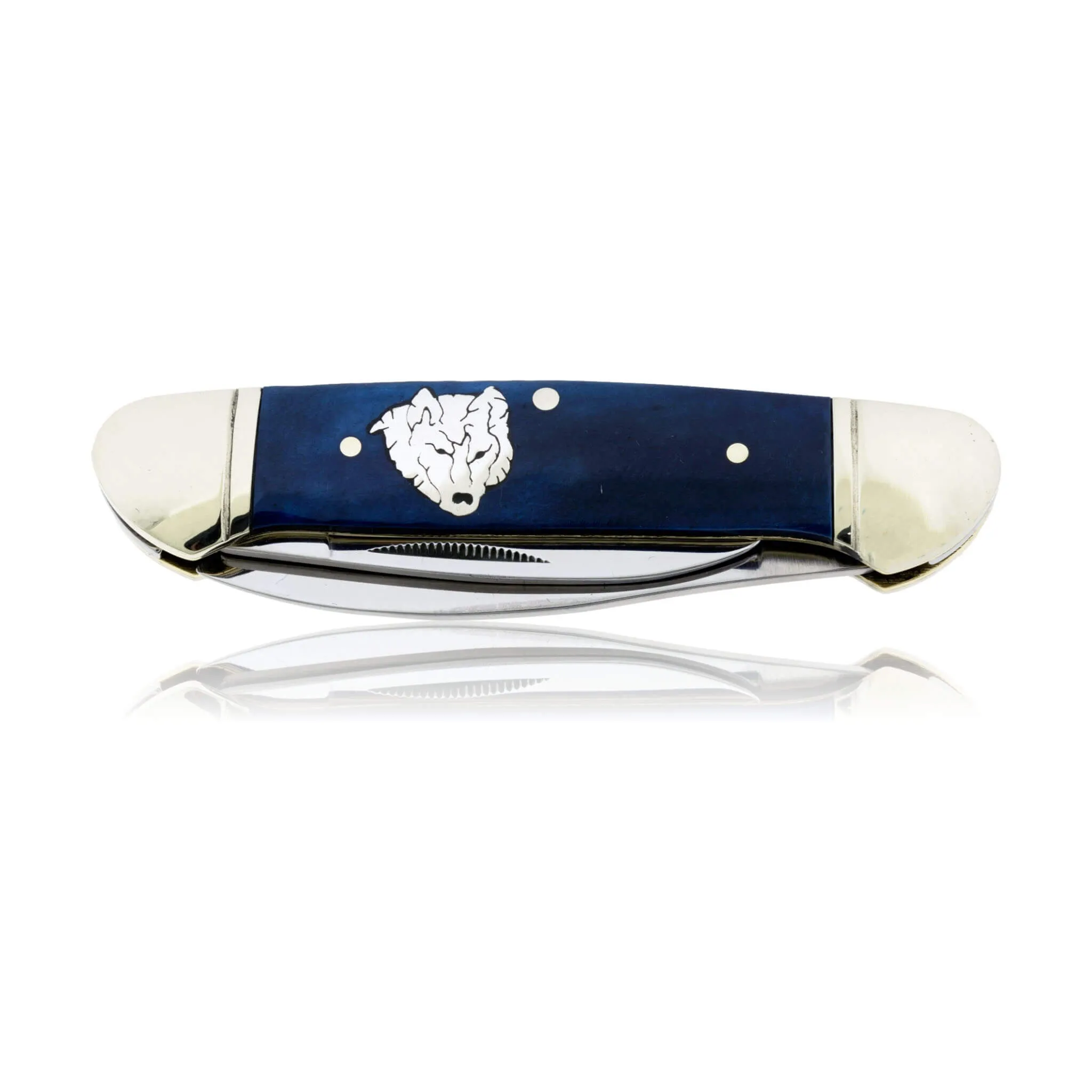 Blue Rough Rider 2 Blade Knife with Silver Bear Inlay