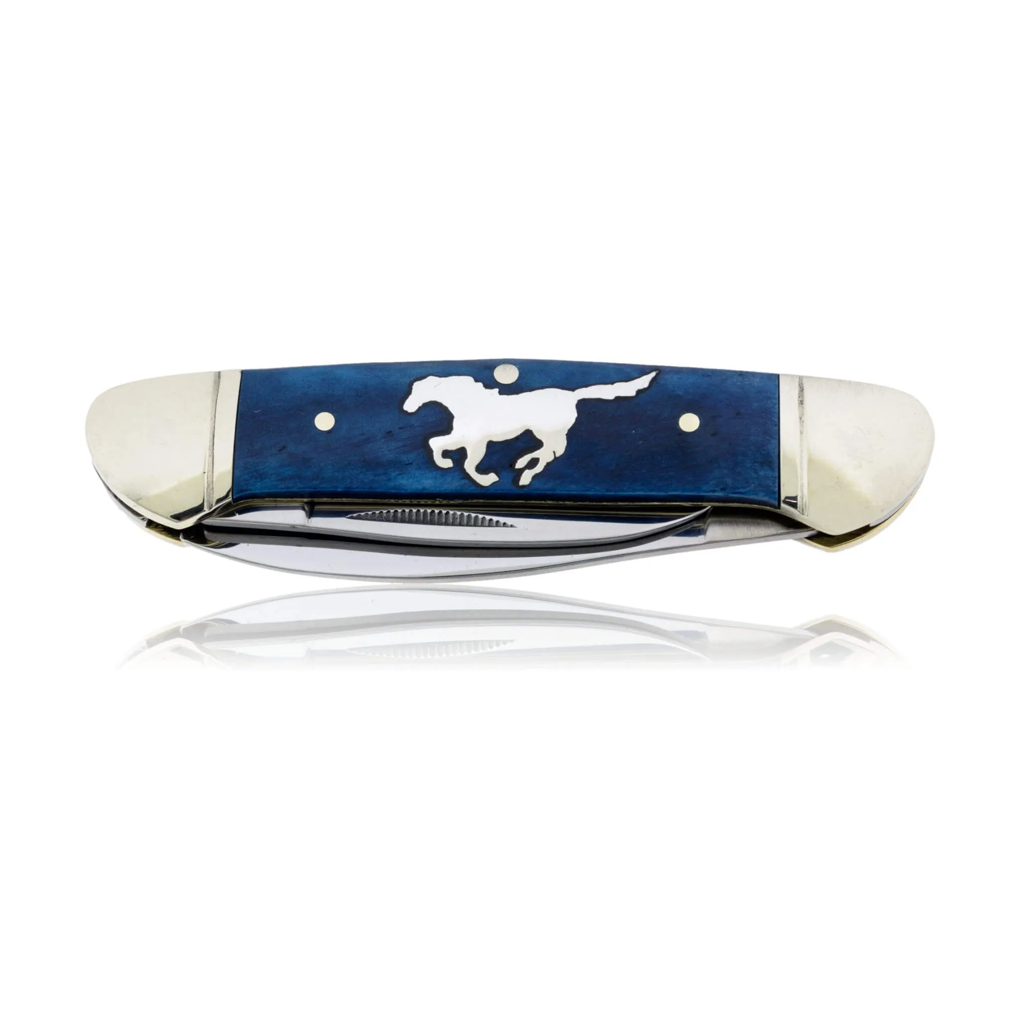 Blue Rough Rider 2 Blade Knife with Silver Bear Inlay