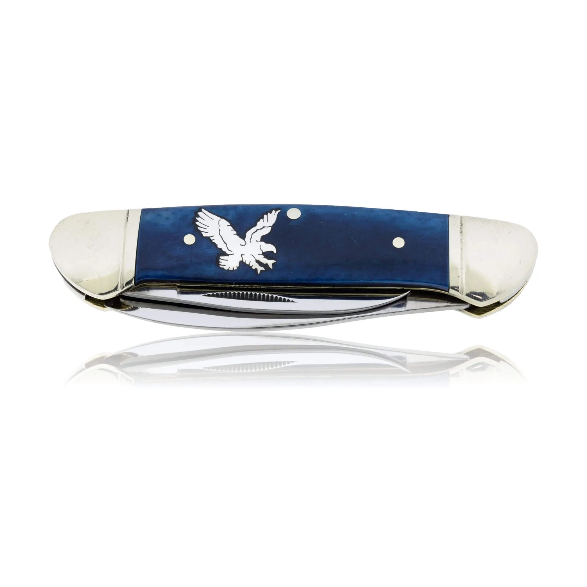 Blue Rough Rider 2 Blade Knife with Silver Bear Inlay