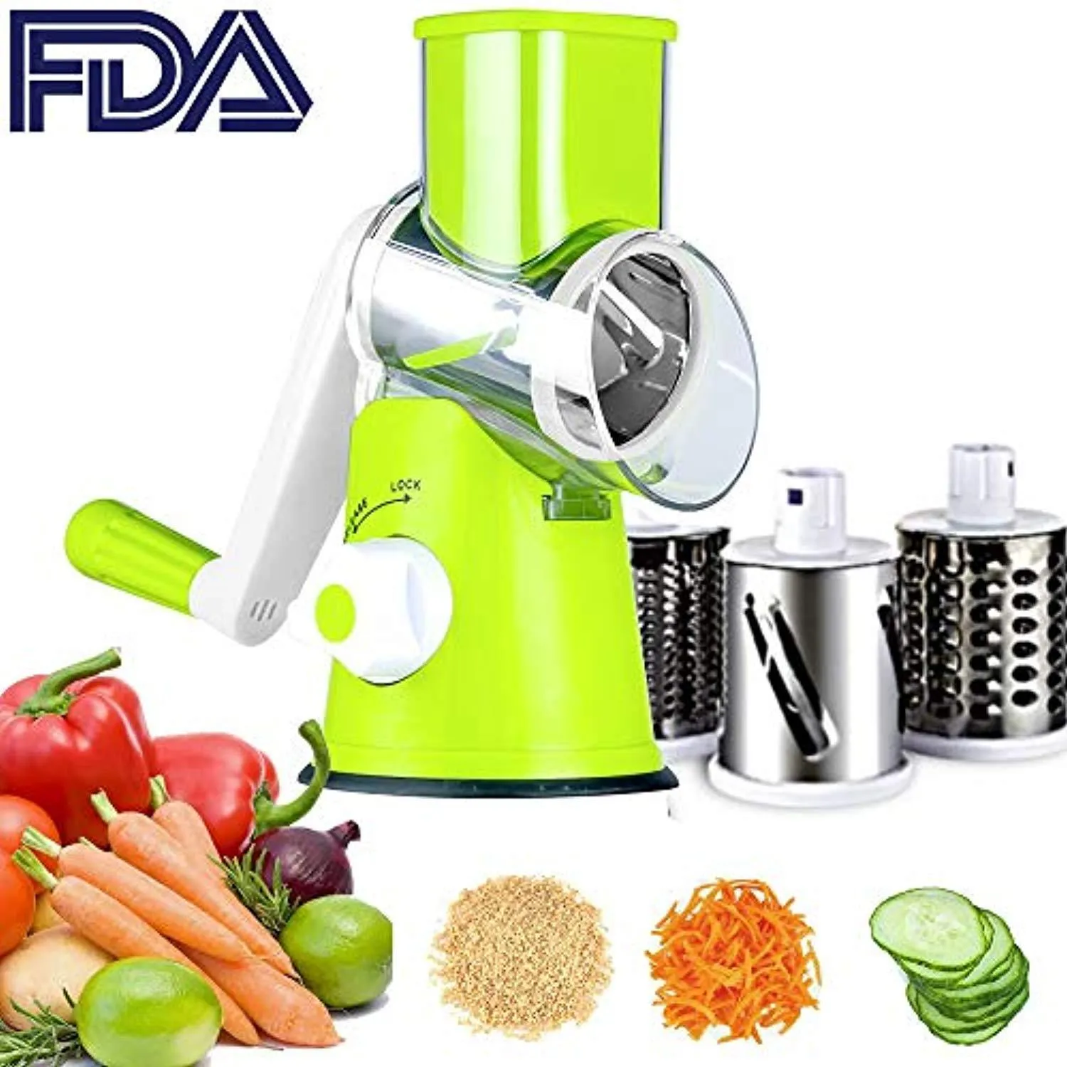 Cheese Grater Rotary Handheld Vegetable Slicer Rotary Drum Grater 3-Blades Manual Vegetable Mandoline Chopper with Suction Cup Feet Vegetable Fruit Cheese Shredder Stainless Steel by SUPERKIT