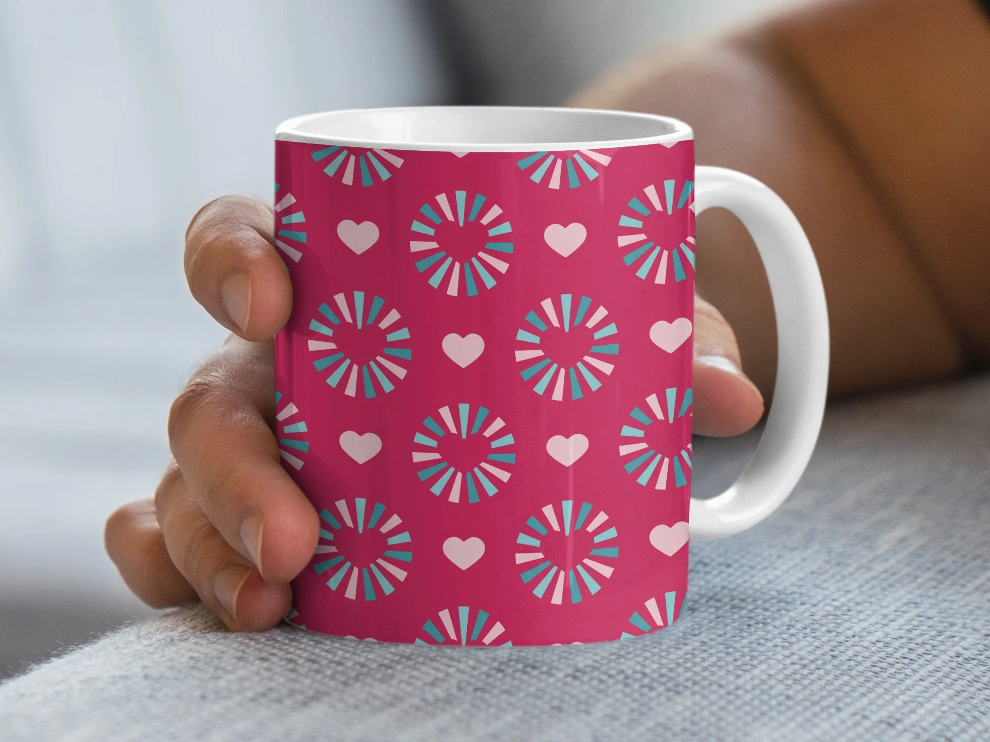 Colorful Geometric Pattern Mug, Heart and Pinwheel Design, Red Pink Blue, Coffee Tea Cup, Gift