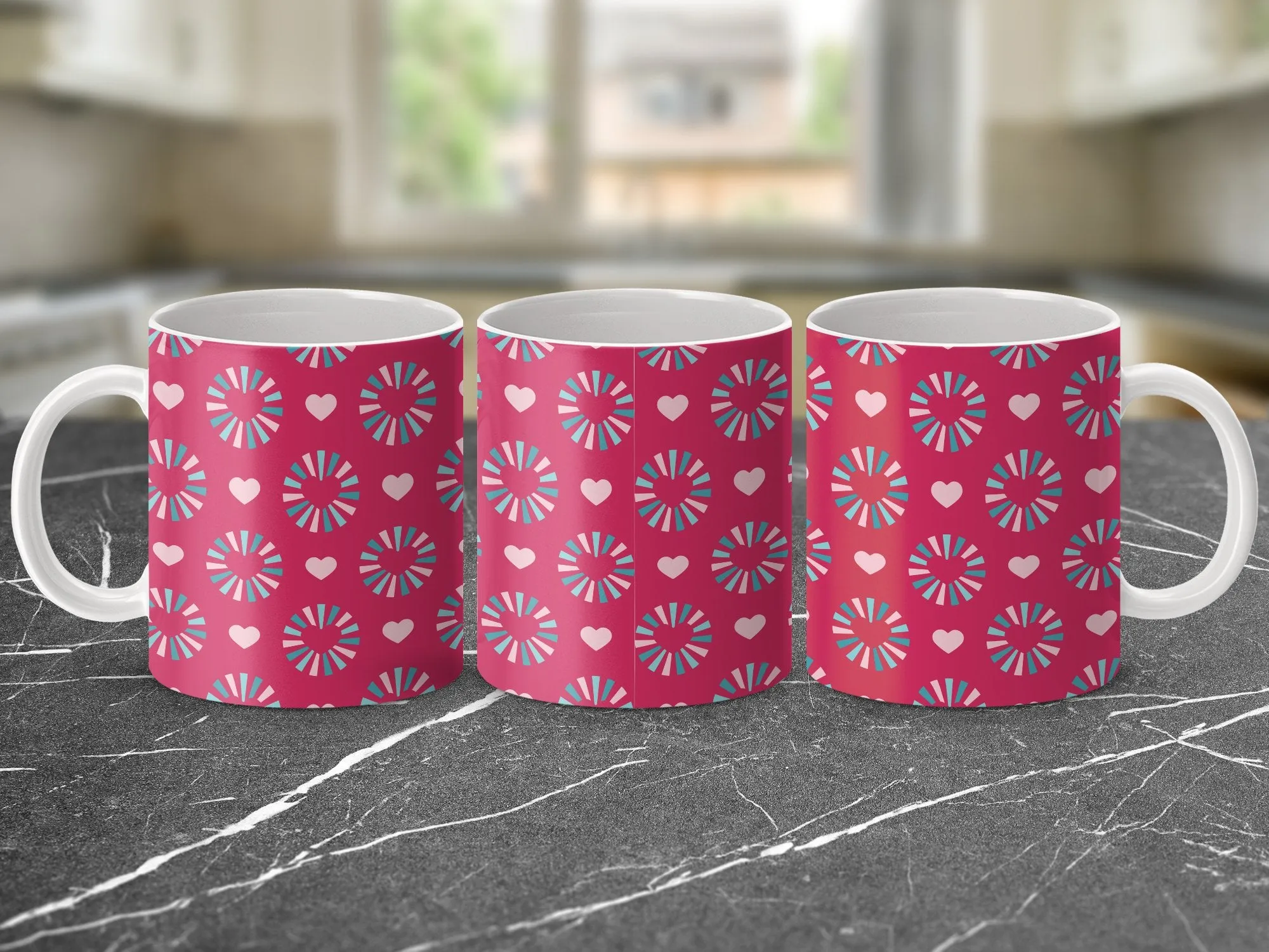 Colorful Geometric Pattern Mug, Heart and Pinwheel Design, Red Pink Blue, Coffee Tea Cup, Gift