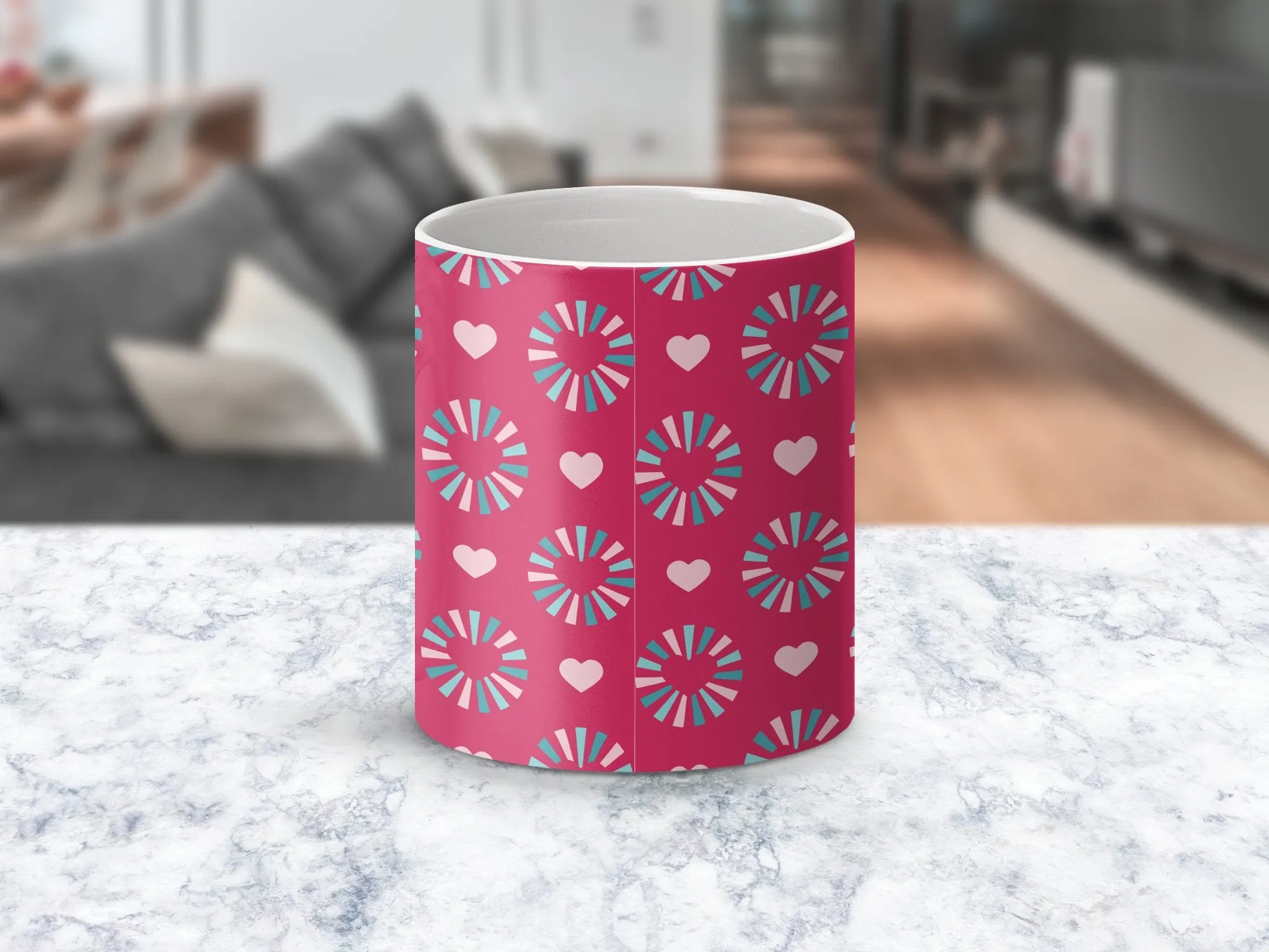 Colorful Geometric Pattern Mug, Heart and Pinwheel Design, Red Pink Blue, Coffee Tea Cup, Gift