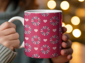 Colorful Geometric Pattern Mug, Heart and Pinwheel Design, Red Pink Blue, Coffee Tea Cup, Gift