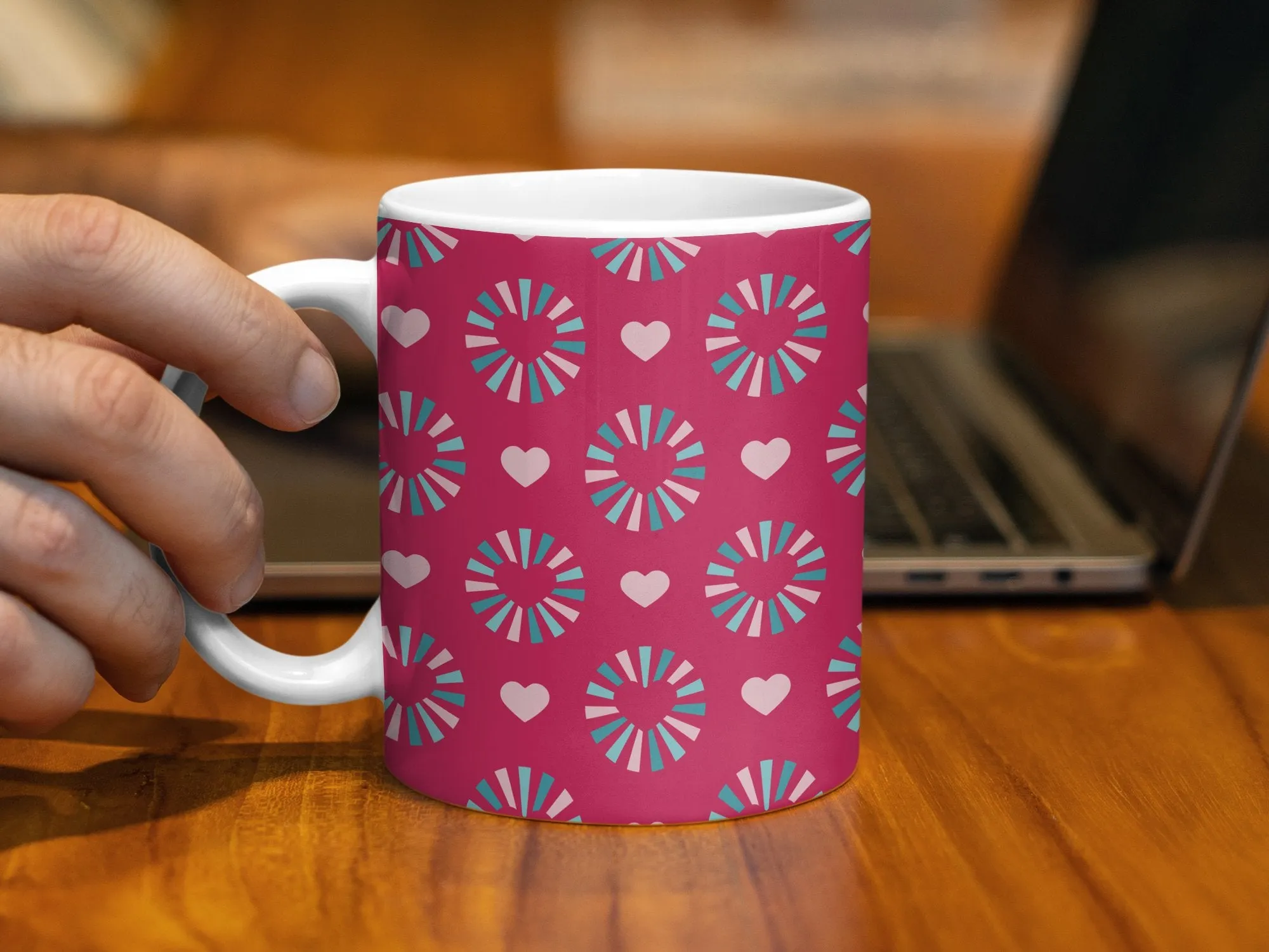 Colorful Geometric Pattern Mug, Heart and Pinwheel Design, Red Pink Blue, Coffee Tea Cup, Gift