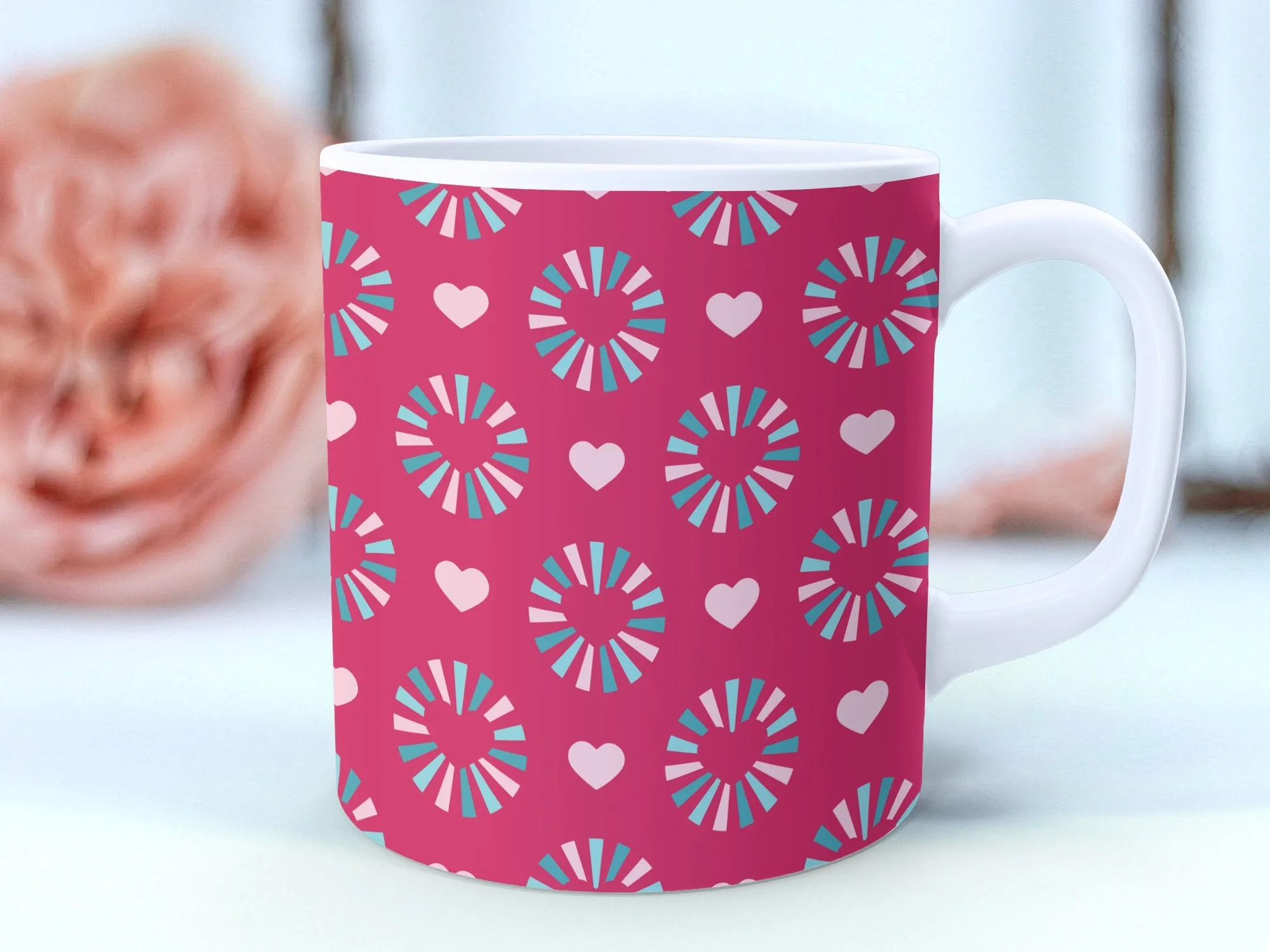 Colorful Geometric Pattern Mug, Heart and Pinwheel Design, Red Pink Blue, Coffee Tea Cup, Gift