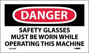 Danger Safety Glasses Must Be Worn Label - 5 Pack