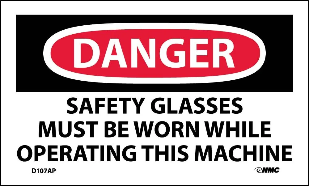 Danger Safety Glasses Must Be Worn Label - 5 Pack