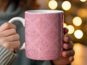 Elegant Pink Damask Pattern Mug, 11oz Vintage-Inspired Tea Cup, Feminine Office Decor