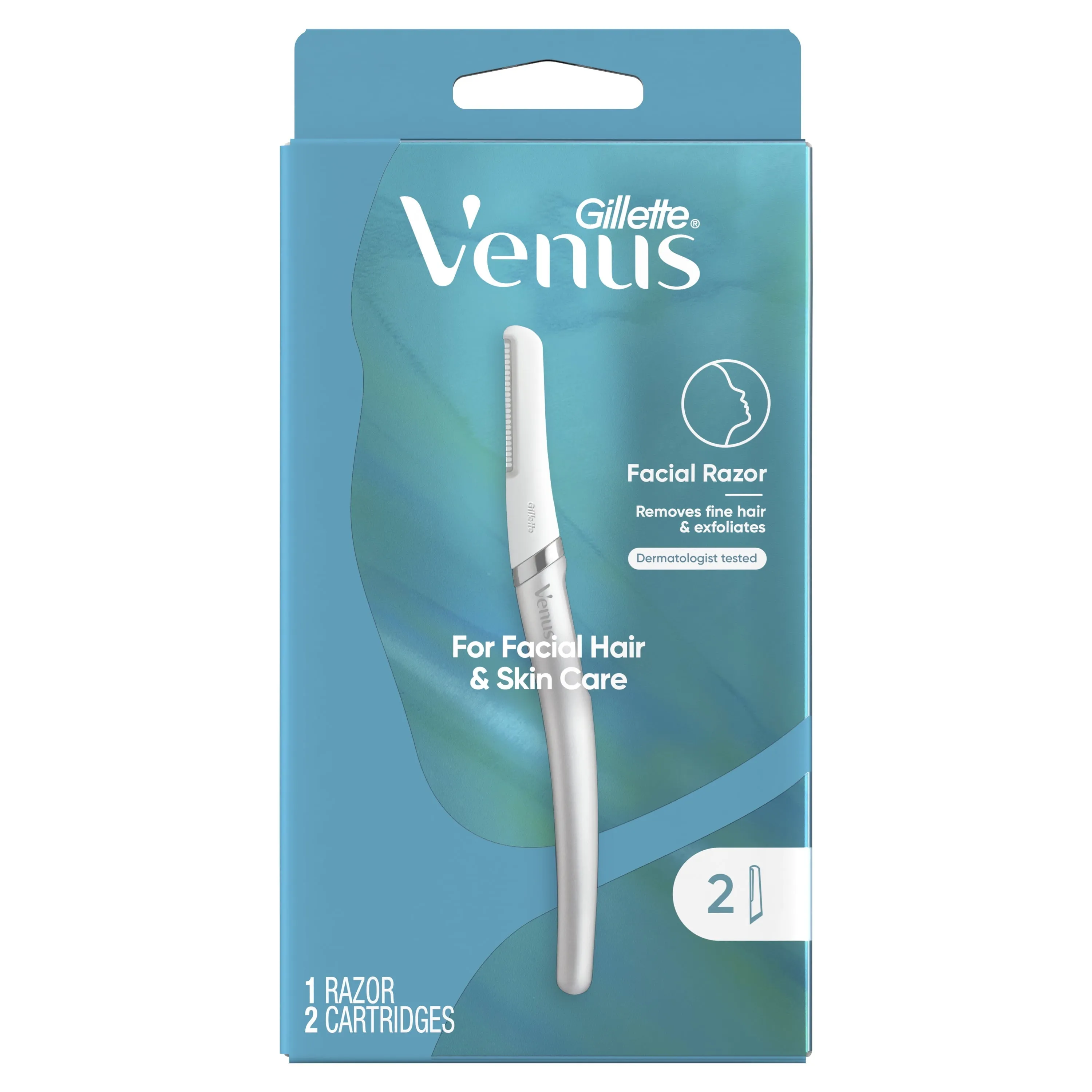 Gillette Venus Female Facial Razor, Exfoliating Dermaplaning Tool for Face, 2 Blade Refills, White