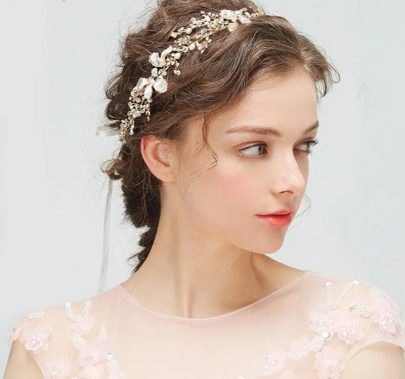 Gold Boho Leaf Hair Crown Wedding Headband Rhinestone Bridal Hair Vine Accessory