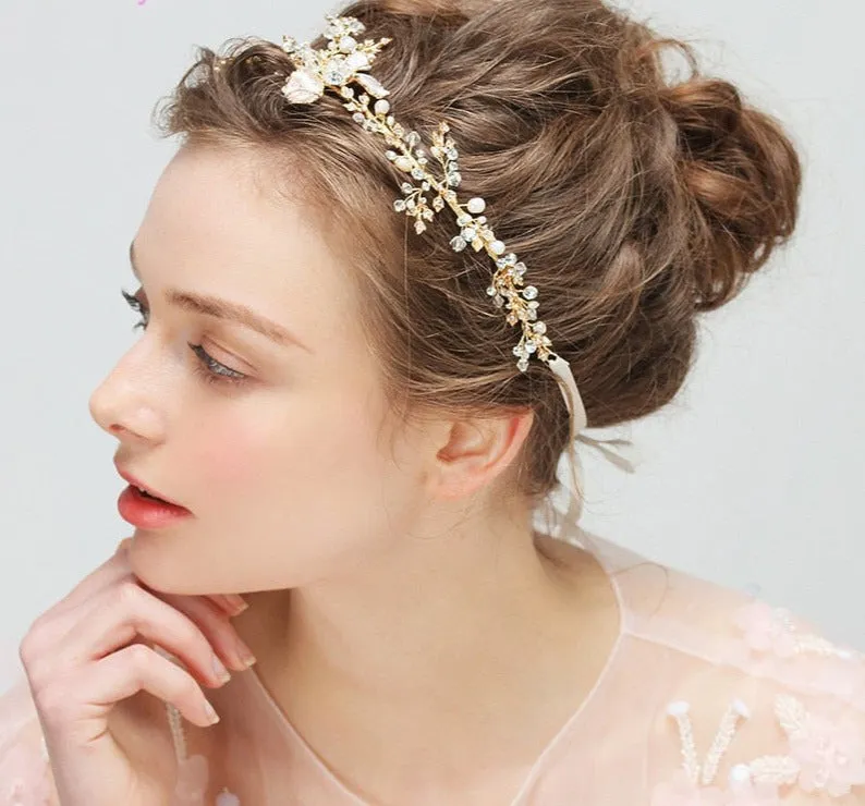 Gold Boho Leaf Hair Crown Wedding Headband Rhinestone Bridal Hair Vine Accessory