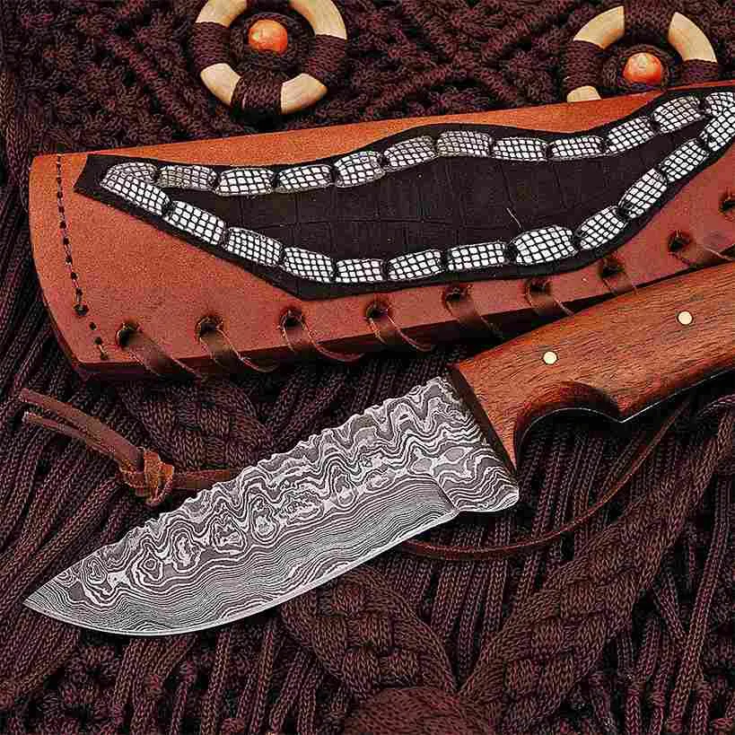 Handmade Damascus Steel Skinner Knife Raindrop Pattern with Leather Sheath KSK1301RED