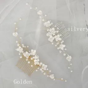 Handmade White Porcelain Flower Wedding Hair Comb Vine With Pearls