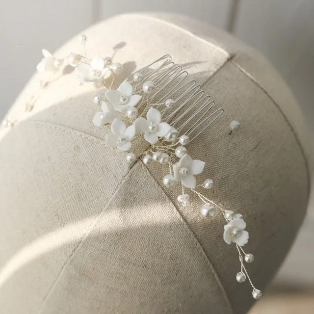 Handmade White Porcelain Flower Wedding Hair Comb Vine With Pearls