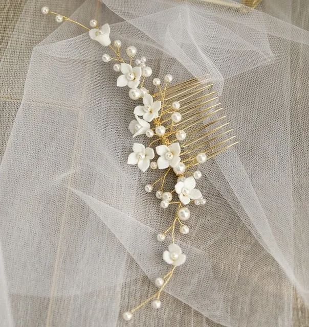 Handmade White Porcelain Flower Wedding Hair Comb Vine With Pearls