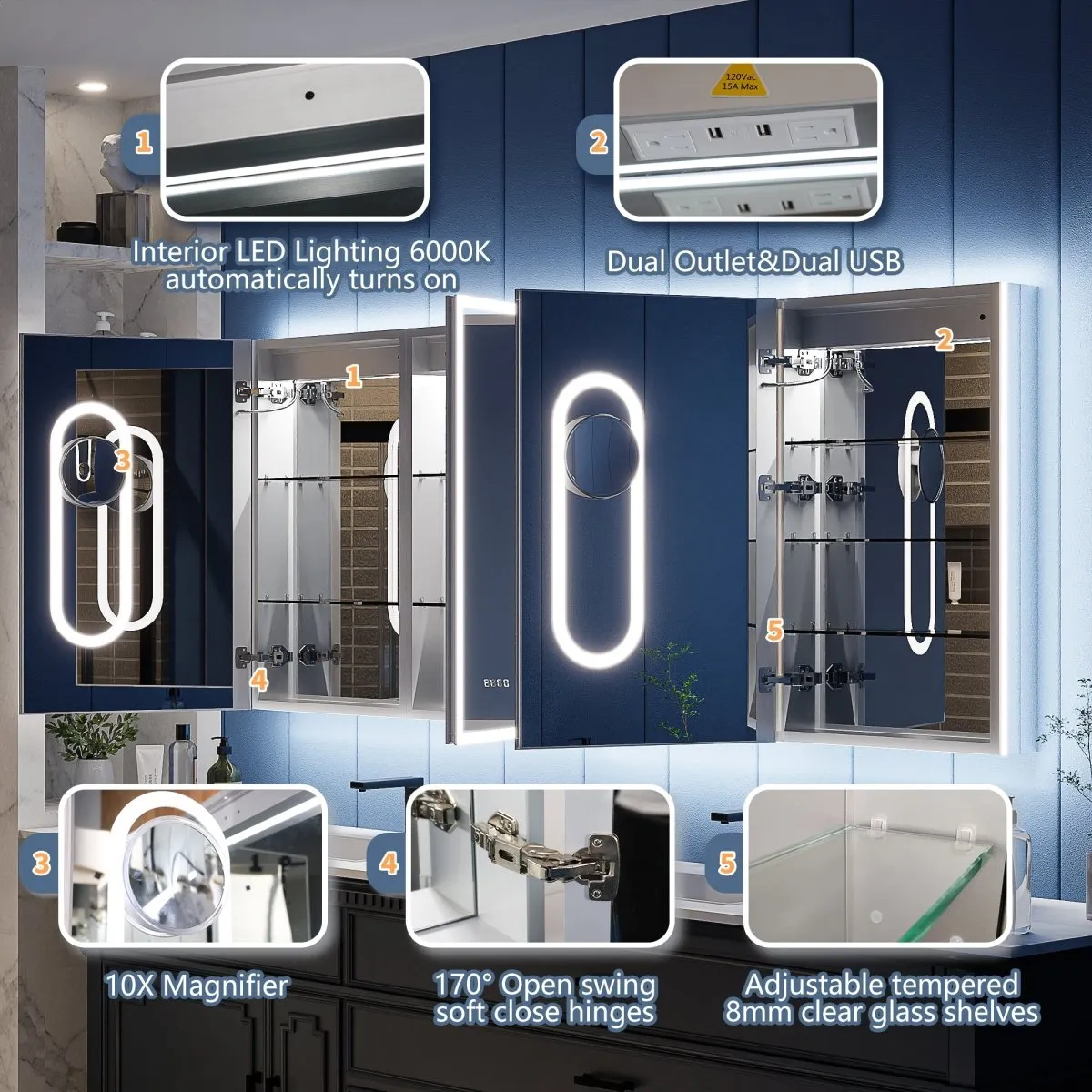 Illusion 84" x 32" LED Lighted Medicine Cabinet with Magnifiers Front and Back Light