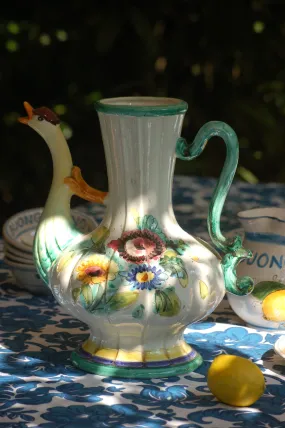 Italian Vintage 1960s-70s  ceramic Carafe with Goose-head spout and flower graffito decorations, central Italy