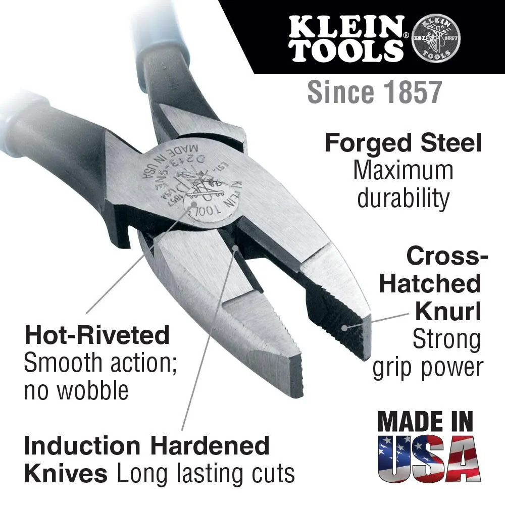 Klein Tools D2000-9NE Side Cutter Linemans Pliers, Made in USA, Cut ACSR, Screws, Nails, Hard Wire, 9-Inch Electrical Pliers