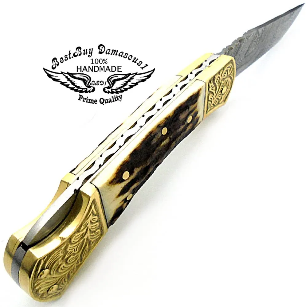 knife Deer Antler Pocket Knife with Scrimshaw Work 7.6'' Damascus Pocket knives gifts for men