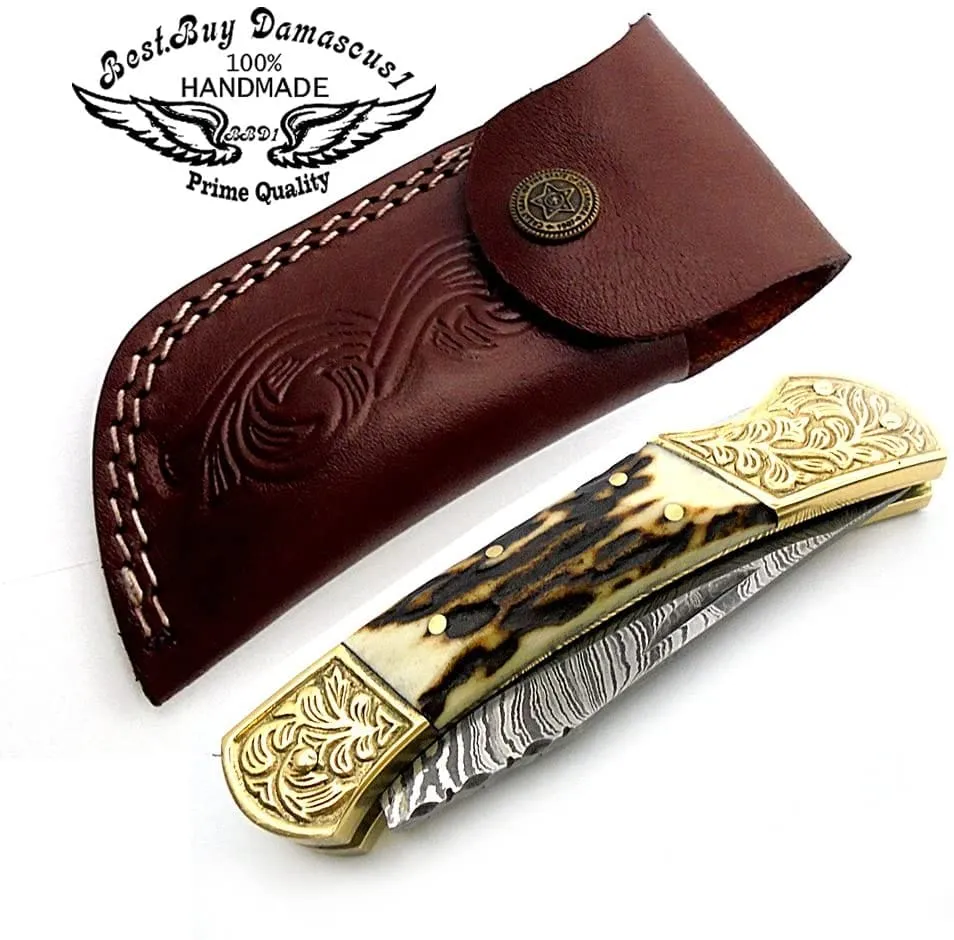 knife Deer Antler Pocket Knife with Scrimshaw Work 7.6'' Damascus Pocket knives gifts for men