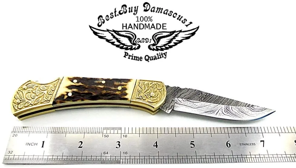 knife Deer Antler Pocket Knife with Scrimshaw Work 7.6'' Damascus Pocket knives gifts for men