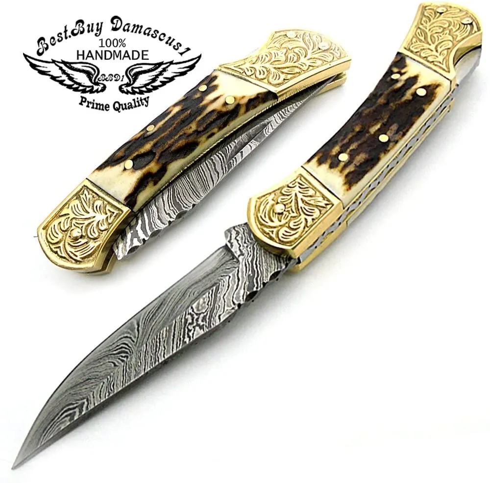 knife Deer Antler Pocket Knife with Scrimshaw Work 7.6'' Damascus Pocket knives gifts for men