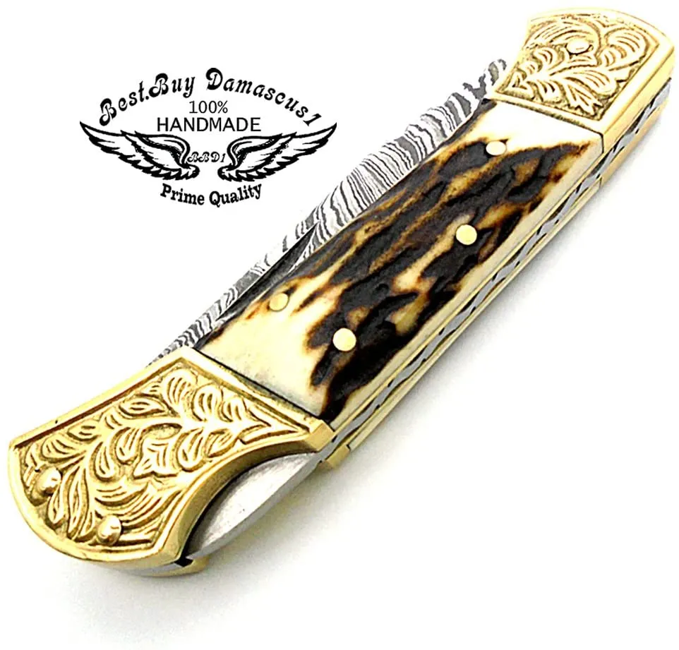 knife Deer Antler Pocket Knife with Scrimshaw Work 7.6'' Damascus Pocket knives gifts for men