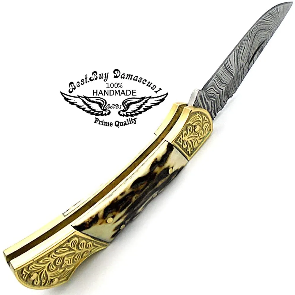 knife Deer Antler Pocket Knife with Scrimshaw Work 7.6'' Damascus Pocket knives gifts for men