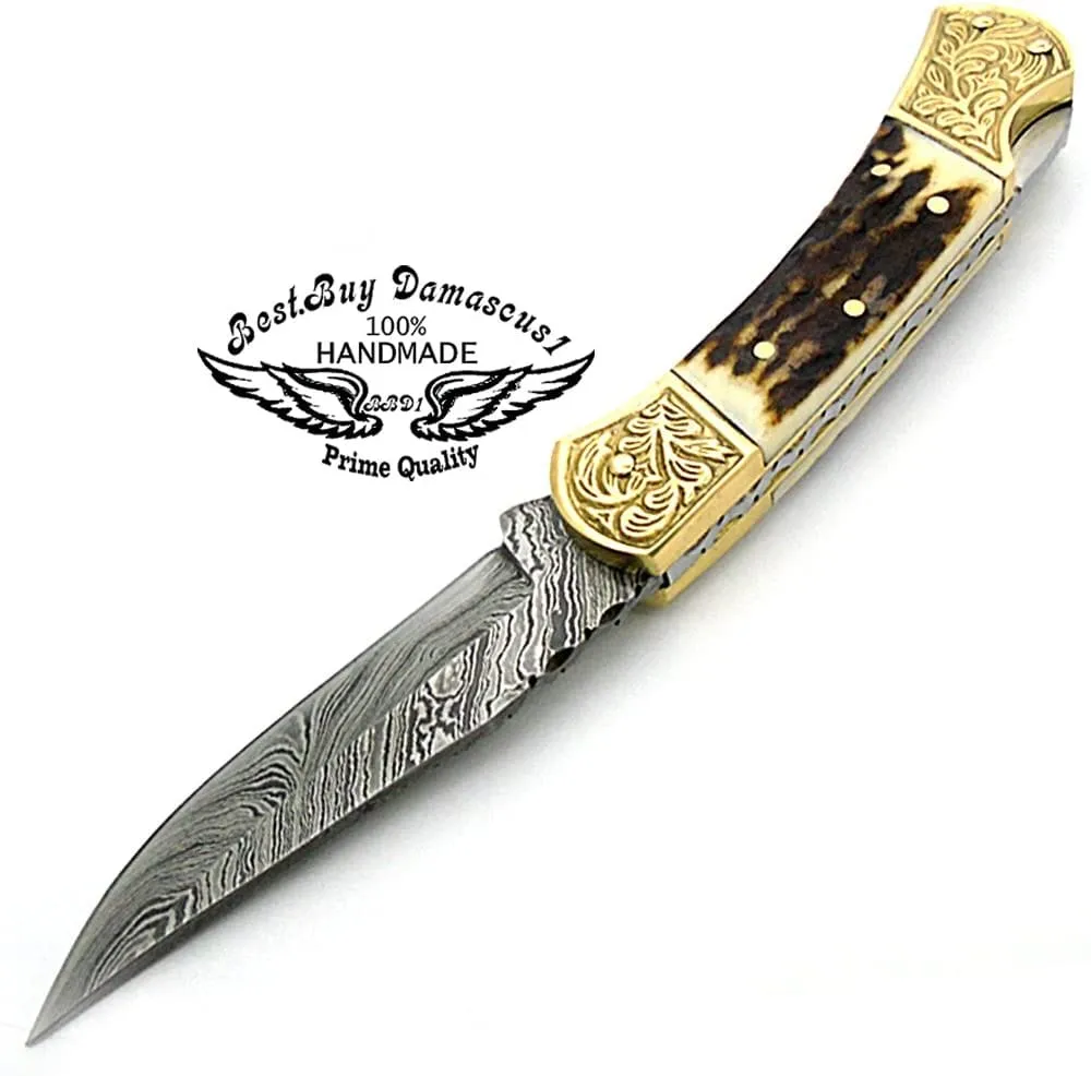 knife Deer Antler Pocket Knife with Scrimshaw Work 7.6'' Damascus Pocket knives gifts for men