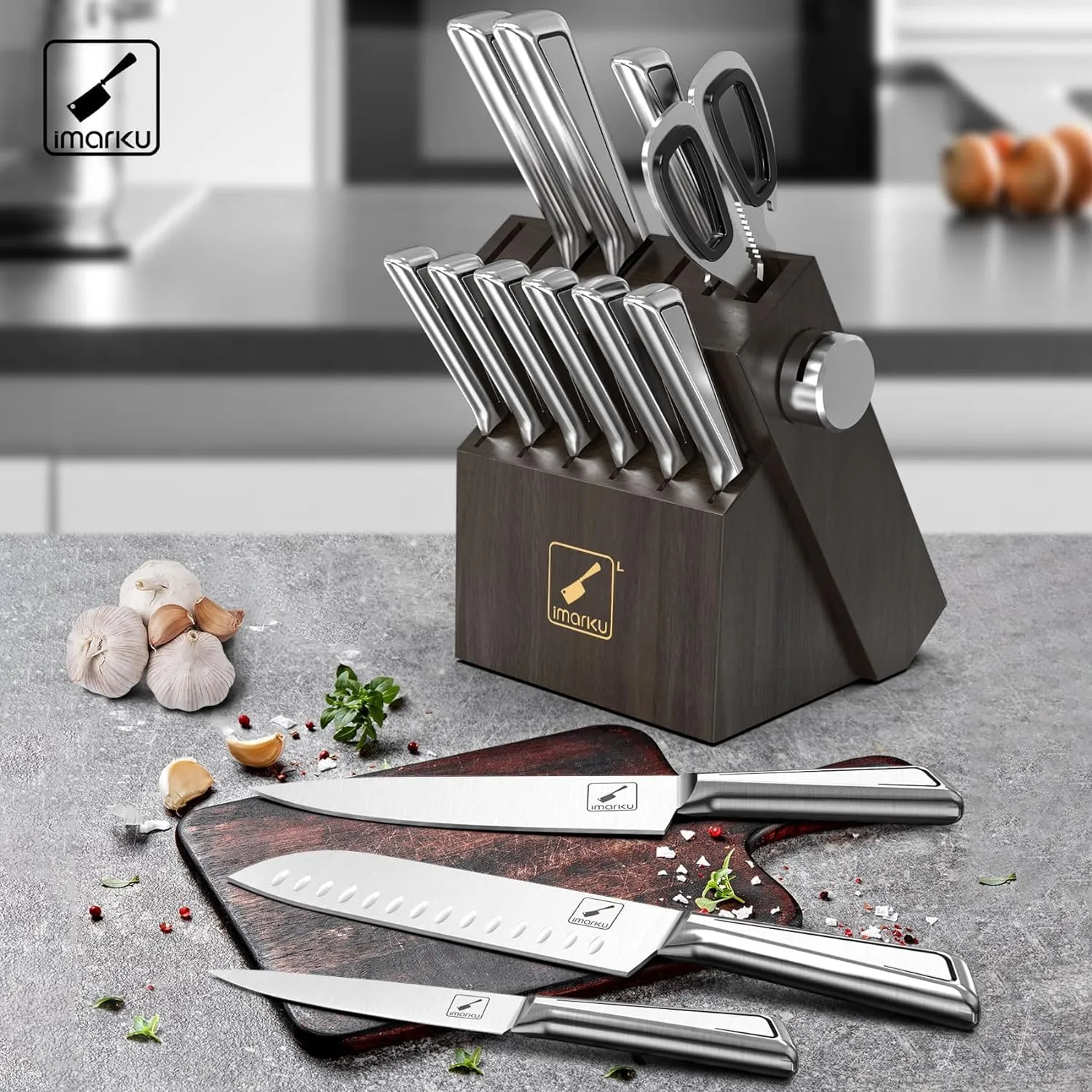 Knife Sets for Kitchen with Block imarku G14 Japanese Knife Set Stainless Steel Kitchen 14pcs, Built-in Sharpener, Sharp Knife Set with Non-slip Ergonomic Handle - Dishwasher Safe, Home Christmas Gift