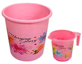 Kuber Industries Printed 2 Pieces Plastic Bathroom Dustbin & Mug Set (Pink)