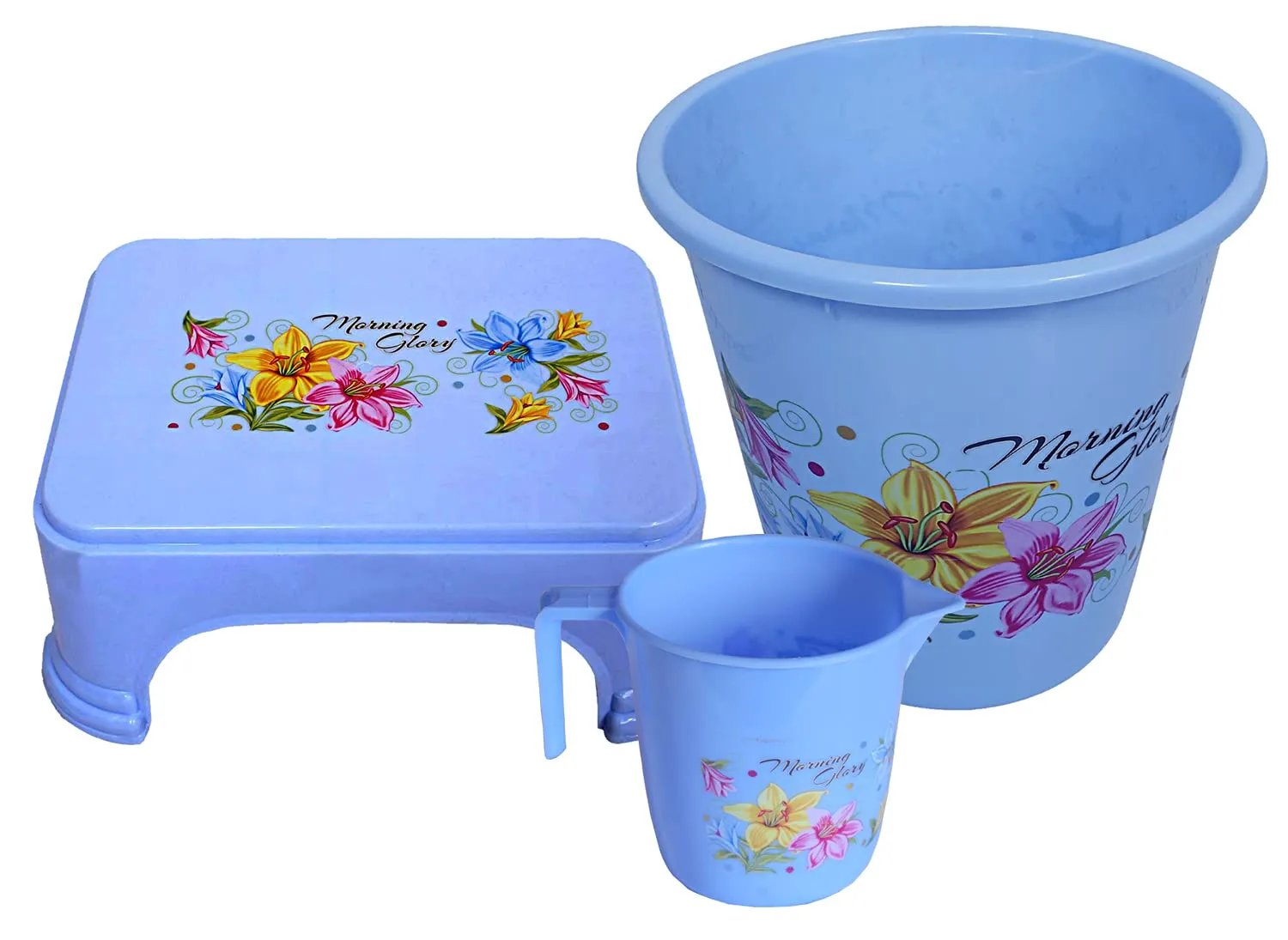 Kuber Industries Printed 3 Pieces Plastic Mug, Dustbin & Stool Set (Blue)