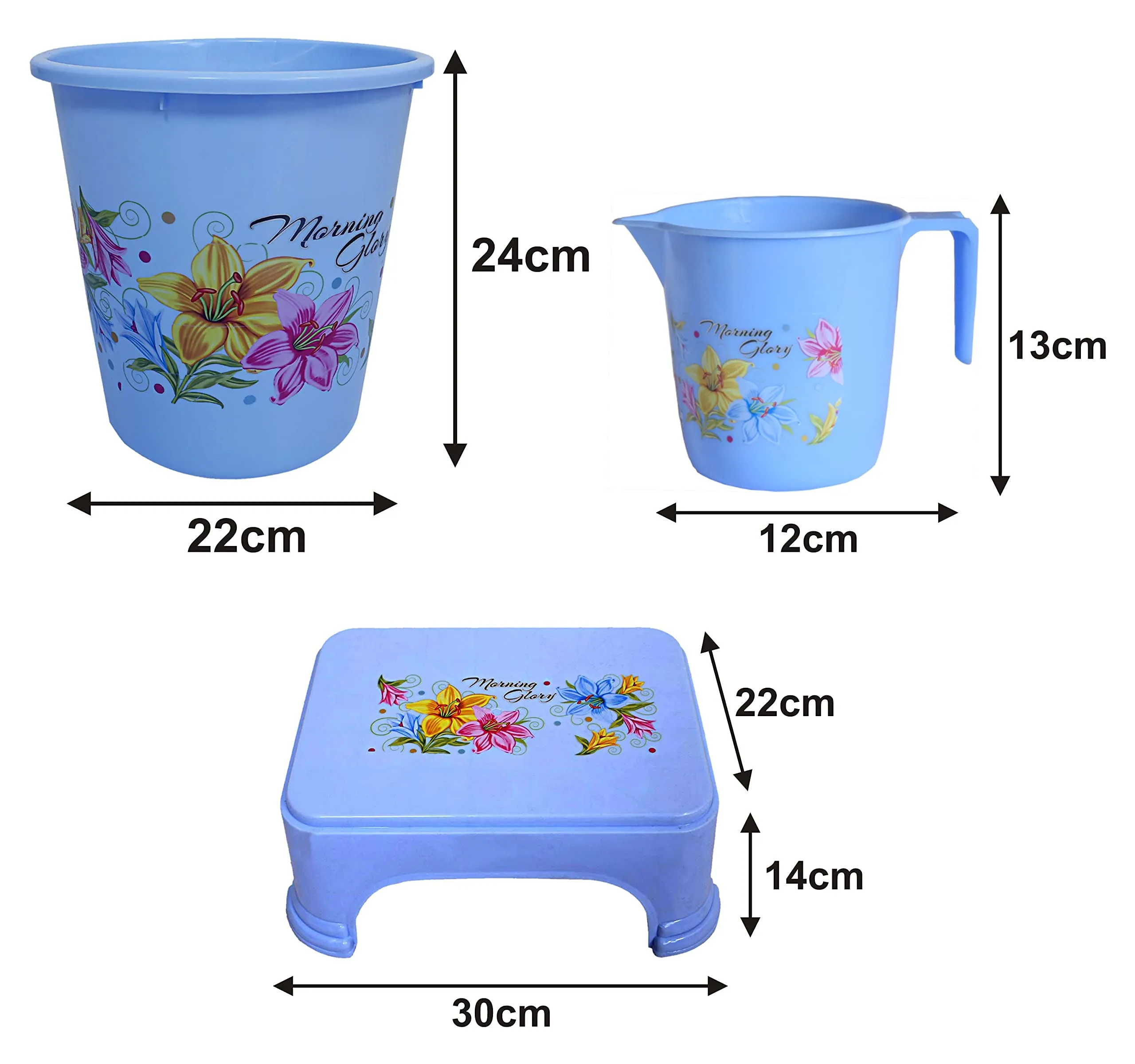 Kuber Industries Printed 3 Pieces Plastic Mug, Dustbin & Stool Set (Blue)