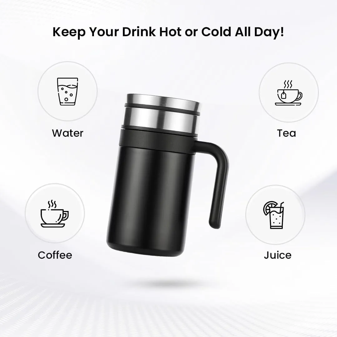 Kuber industries Stainless Steel Vacuum Insulated Travel Mug with Lid 420 ML-Pack of 2 (Black)