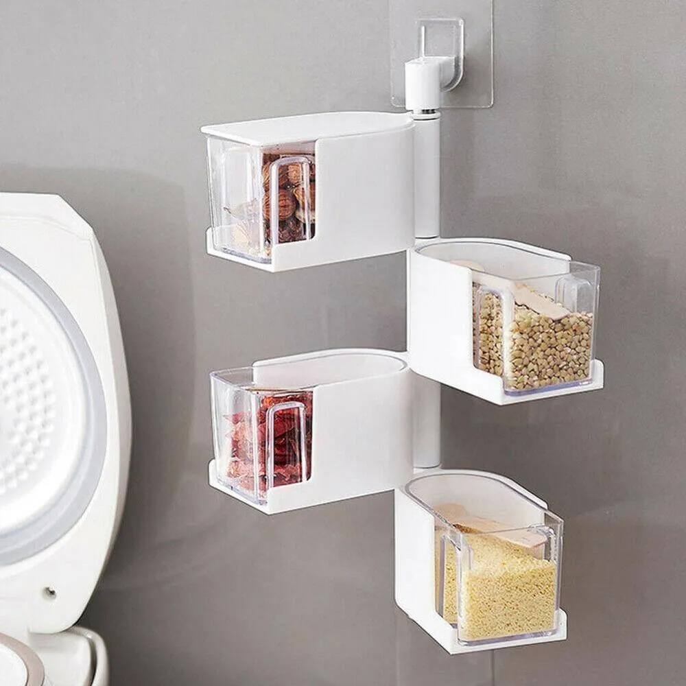 Layered Wall Mounted Rotating Seasoning Storage Organizer Boxes