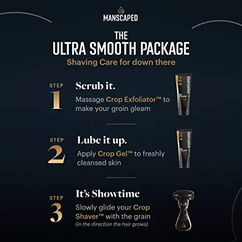 MANSCAPED™ The Ultra Smooth Package, Male Hygiene Shaving Bundle, Includes The Crop Shaver™ Groin Razor with Replacement Blades, Crop Gel™ Ball Shaving Gel, and Crop Exfoliator™ Ball Exfoliator