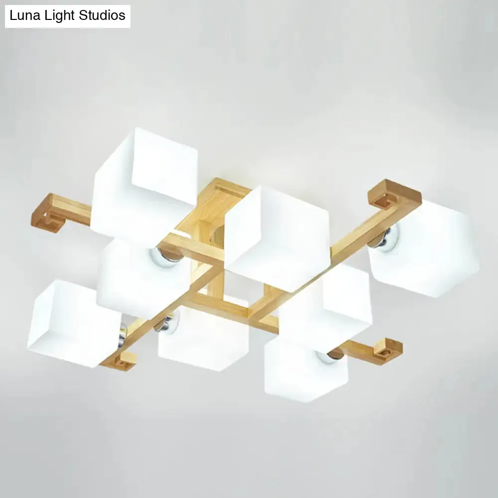 Modern Natural Wood Semi Flush Mount Light Fixture with Rectangle Glass Shade for Living Room