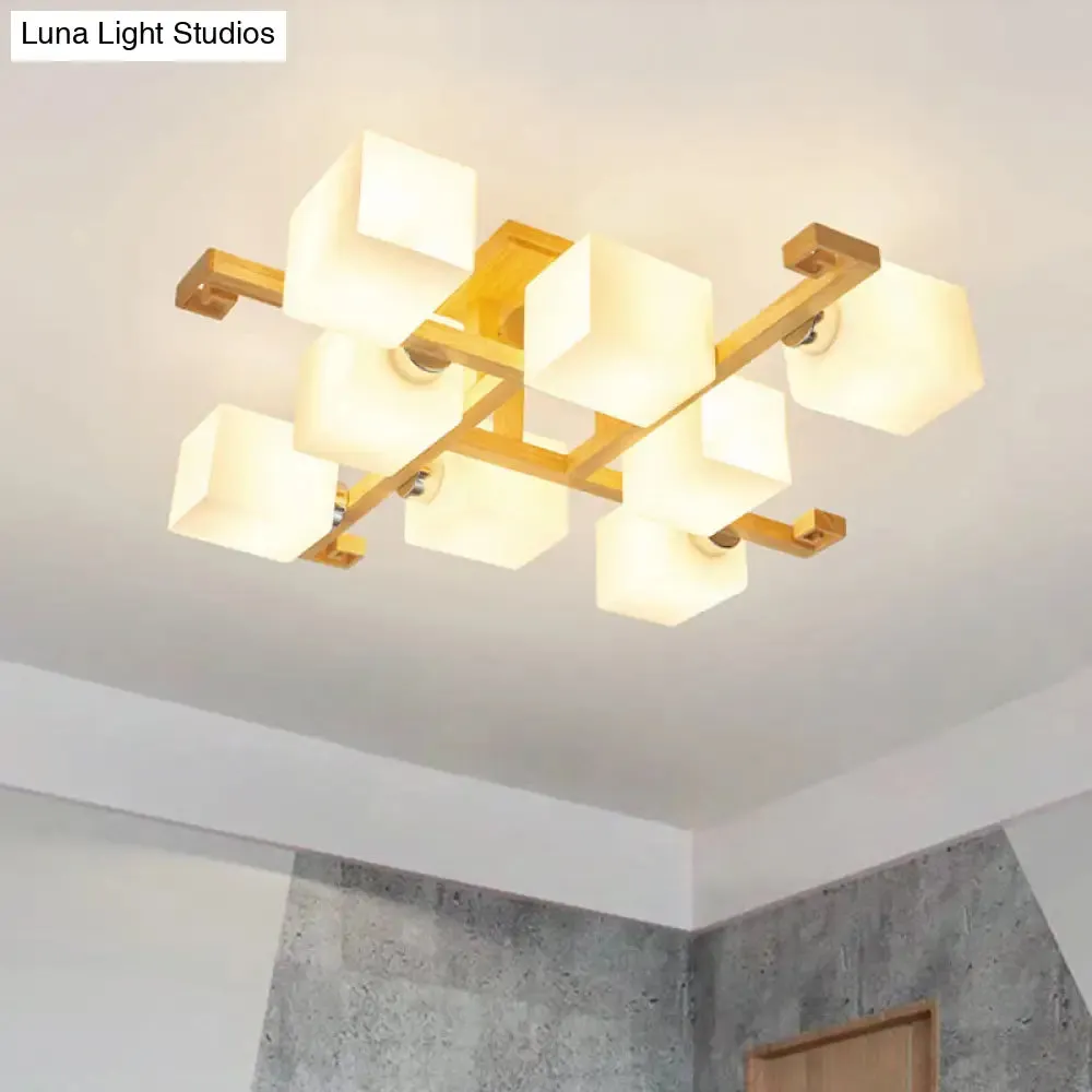 Modern Natural Wood Semi Flush Mount Light Fixture with Rectangle Glass Shade for Living Room