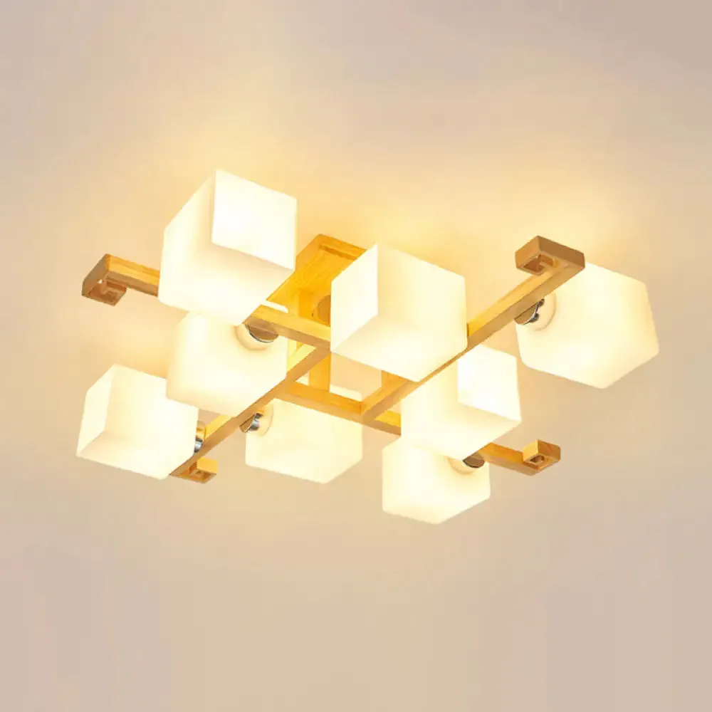 Modern Natural Wood Semi Flush Mount Light Fixture with Rectangle Glass Shade for Living Room