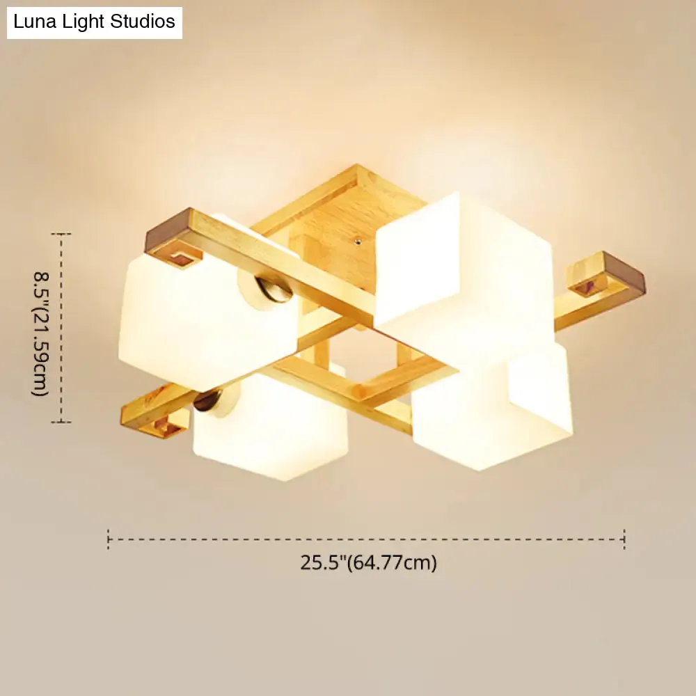 Modern Natural Wood Semi Flush Mount Light Fixture with Rectangle Glass Shade for Living Room