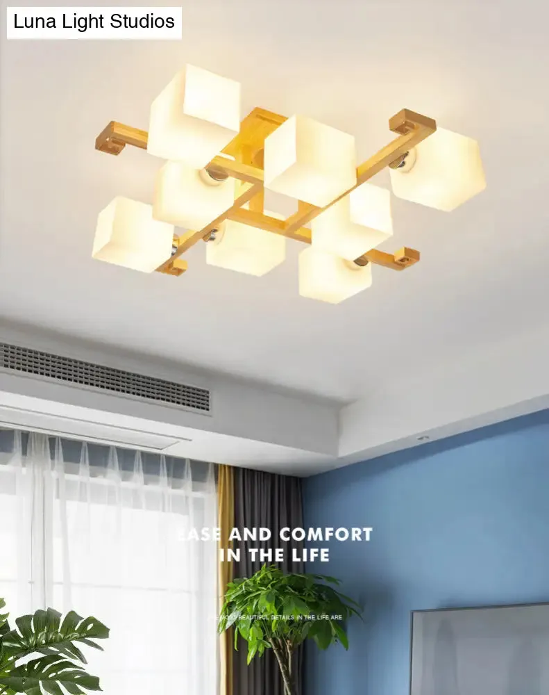 Modern Natural Wood Semi Flush Mount Light Fixture with Rectangle Glass Shade for Living Room