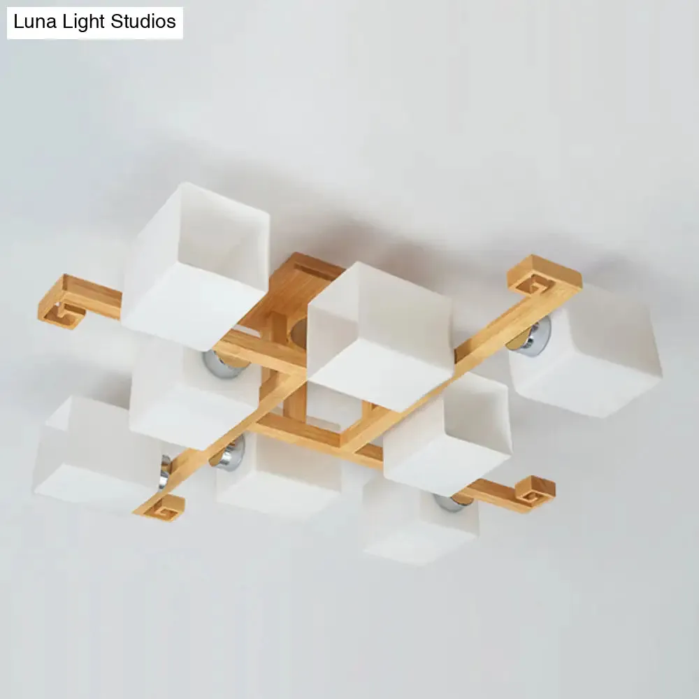 Modern Natural Wood Semi Flush Mount Light Fixture with Rectangle Glass Shade for Living Room