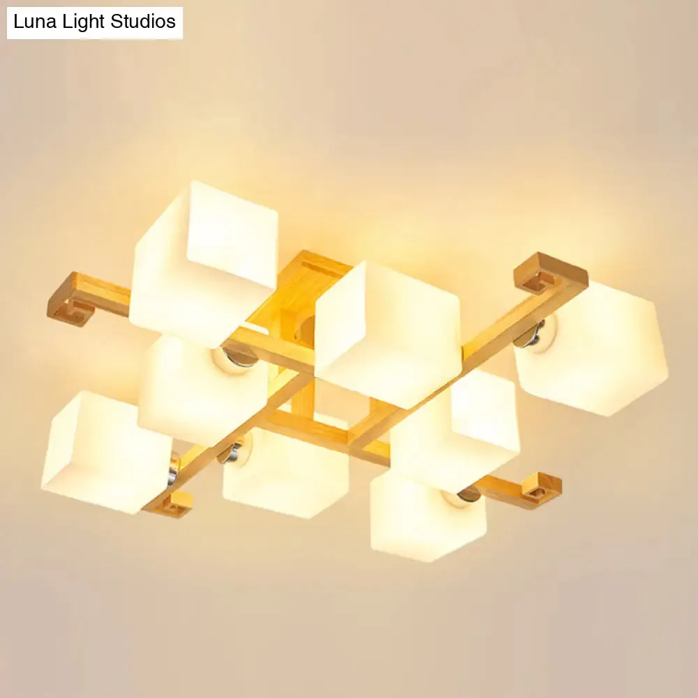 Modern Natural Wood Semi Flush Mount Light Fixture with Rectangle Glass Shade for Living Room